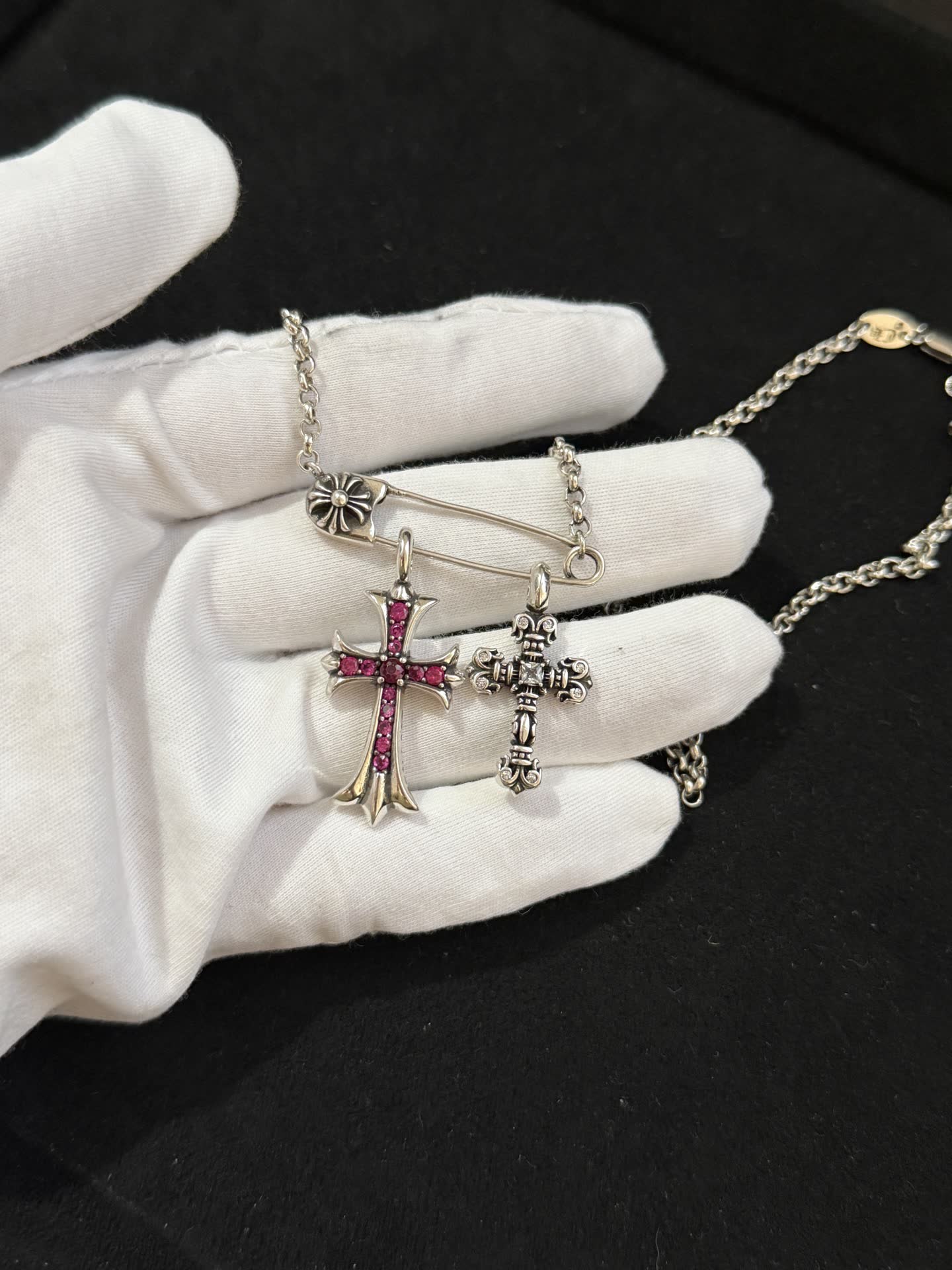 Chrome Hearts Silver Cross Pendant with Pink Stones